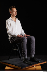 Whole Body Man White Shoes Shirt Trousers Slim Sitting Studio photo references